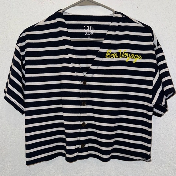 Chaser Stripped Short Sleeve Oversized Cropped Button Down Top NWT - Picture 1 of 5